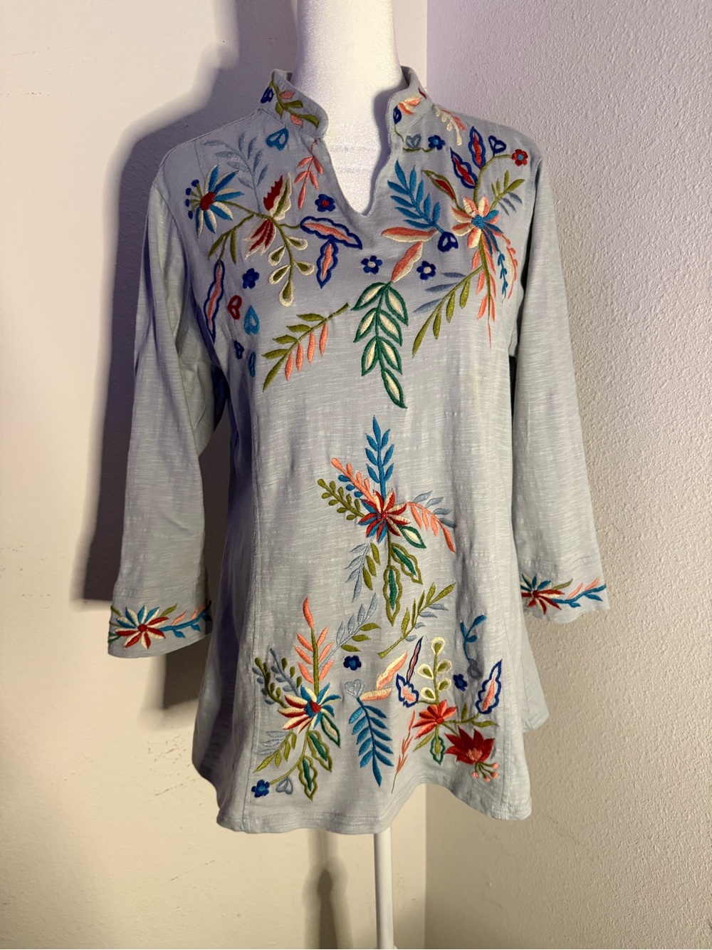 Parsley & Sage Cotton Embroidered Tunic Shirt Gray Blue Size Large Lagenlook